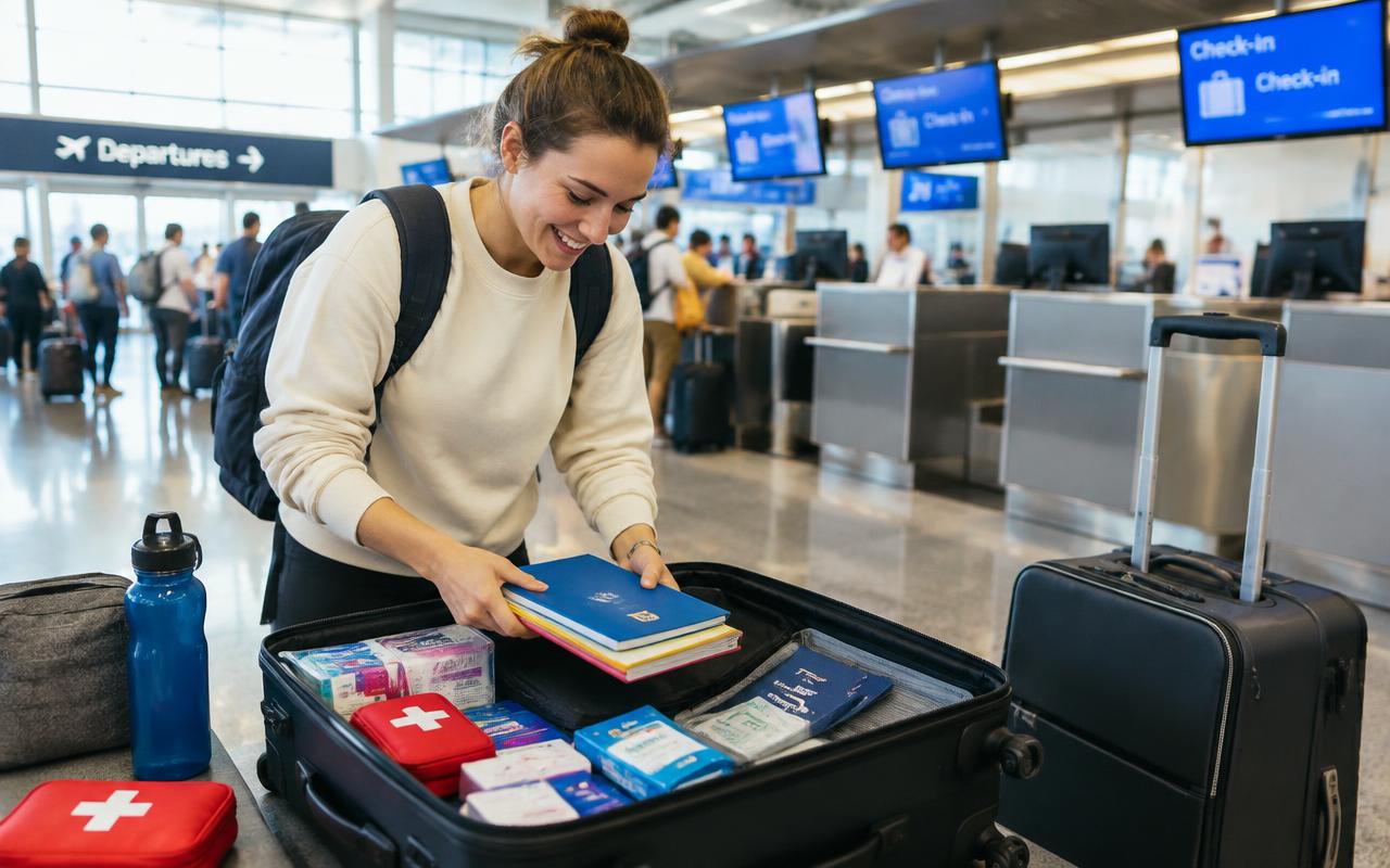 Viajera preparando una maleta con material solidario en el aeropuerto