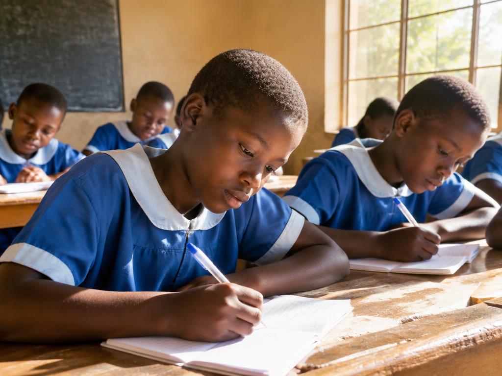 Niños escribiendo en sus cuadernos en clase