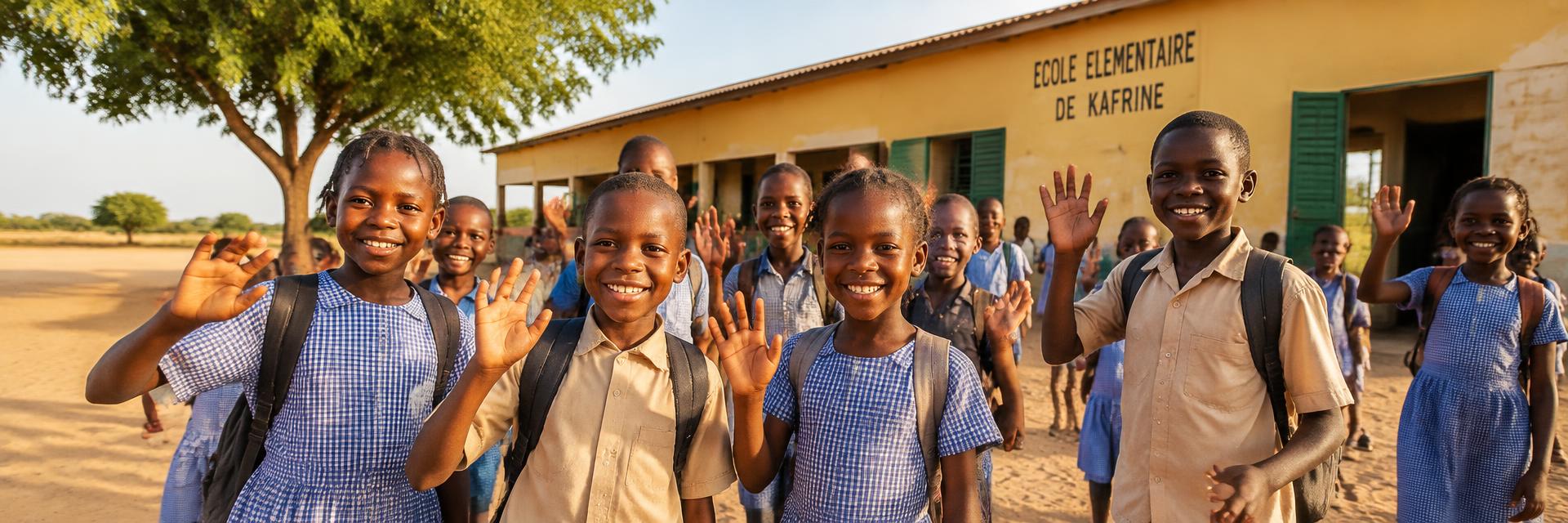 Niños saludando frente a su escuela en Senegal