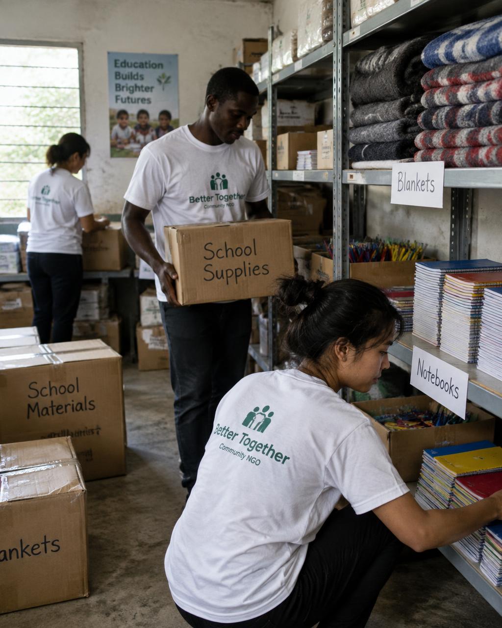 Voluntarios de una ONG local organizando material donado